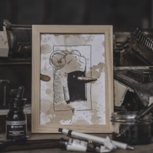 Tableau Astro Bélier AstroGomme - Illustration du signe Bélier à l’encre de chine sur papier teinté au café, cade 15 x 20cm