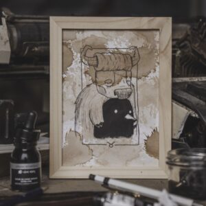 Tableau Astro Taureau AstroGomme - Illustration du signe Taureau à l’encre de chine sur papier teinté au café, cade 15 x 20cm