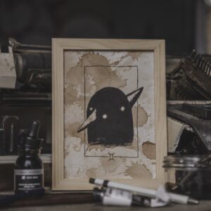 Tableau Astro Gémeaux AstroGomme - Illustration du signe Gémeaux à l’encre de chine sur papier teinté au café, cade 15 x 20cm