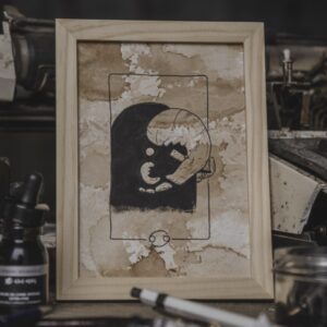 Tableau Astro Cancer AstroGomme - Illustration du signe Cancer à l’encre de chine sur papier teinté au café, cade 15 x 20cm