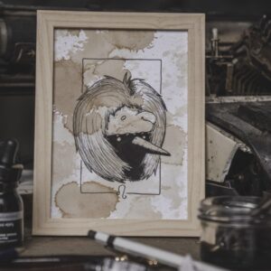 Tableau Astro Lion AstroGomme - Illustration du signe Lion à l’encre de chine sur papier teinté au café, cade 15 x 20cm