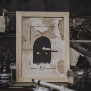 Tableau Astro Vierge AstroGomme - Illustration du signe Vierge à l’encre de chine sur papier teinté au café, cade 15 x 20cm