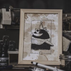 Tableau Astro Balance AstroGomme - Illustration du signe Balance à l’encre de chine sur papier teinté au café, cade 15 x 20cm