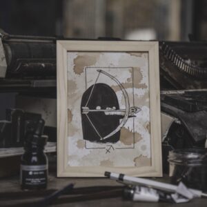 Tableau Astro Sagittaire AstroGomme - Illustration du signe Sagittaire à l’encre de chine sur papier teinté au café, cade 15 x 20cm