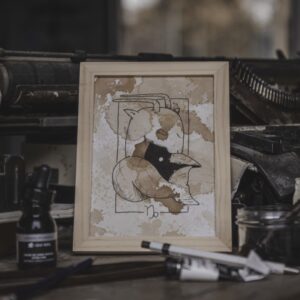 Tableau Astro Capricorne AstroGomme - Illustration du signe Capricorne à l’encre de chine sur papier teinté au café, cade 15 x 20cm